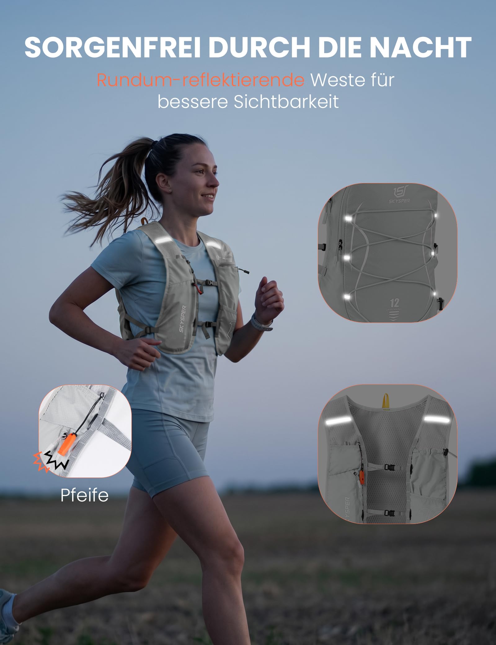 SKYSPER Laufweste für Damen Herren 12L Laufrucksack mit 500ml Trinkflasche Reflektierende Trinkweste Laufen Atmungsaktives Running Vest mit Handyfach für Trailrunning Marathon Joggen