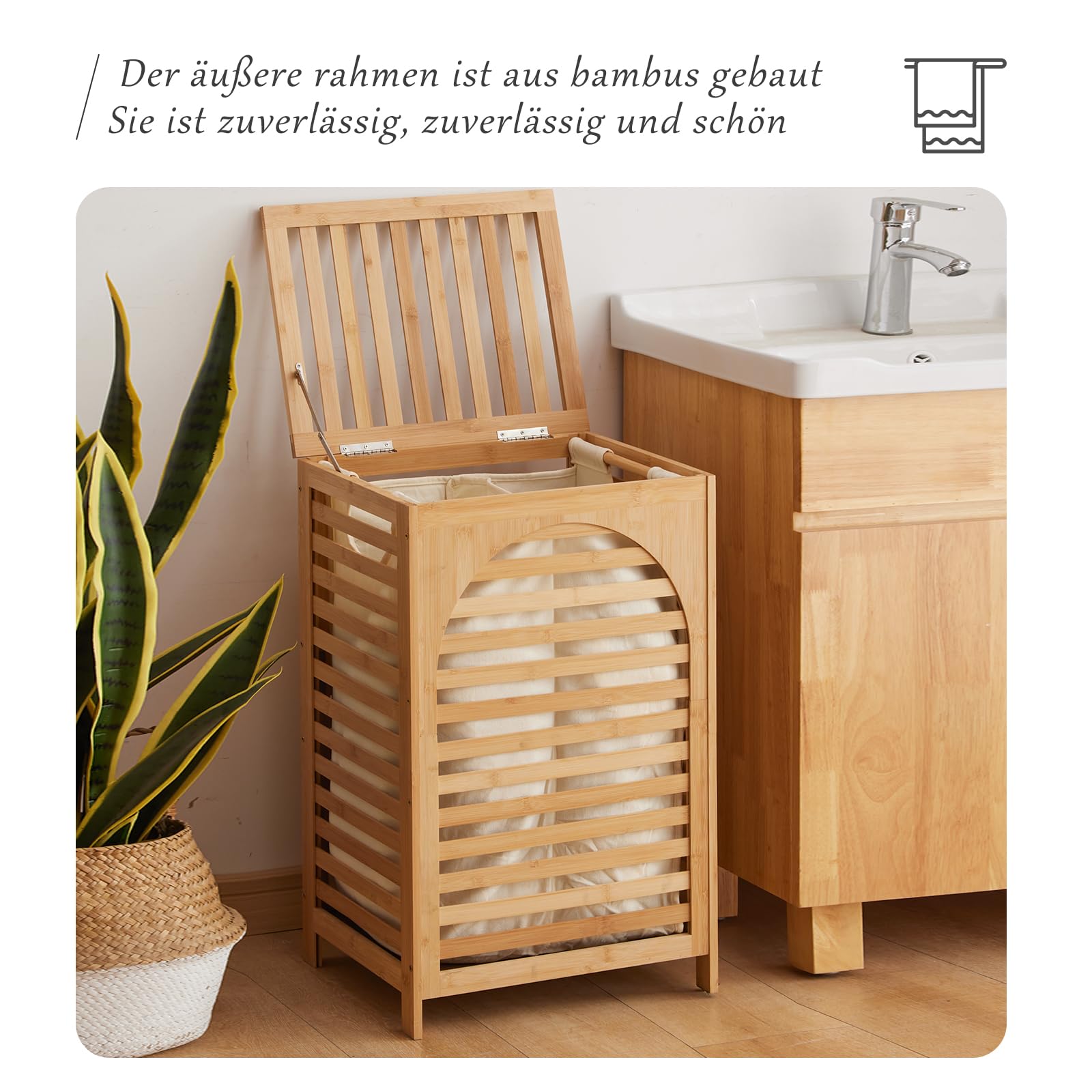 Wäschekorb mit Deckel, Bambus, groß, wasserdicht, abnehmbare Wäschesäcke mit Griffen, Wäschekorb (Natur)
