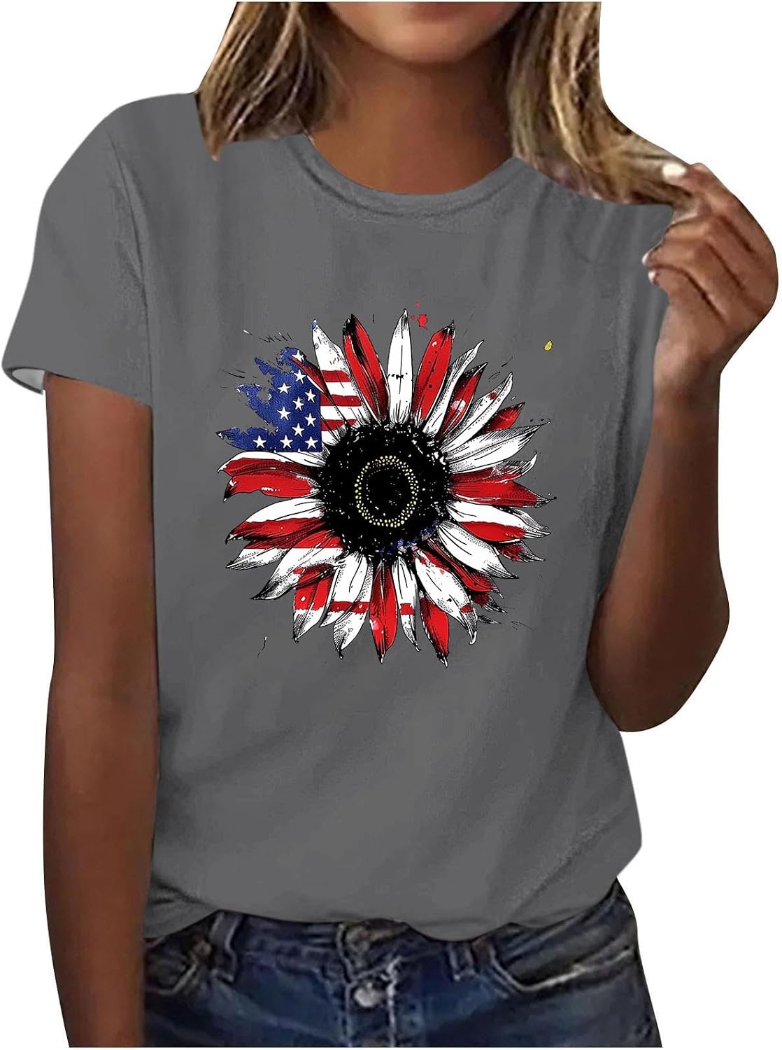 Women's Shirts Short Sleeve Crew Neck Lightweight Pullover Shirt Splicing Tunic Tops Independence Day