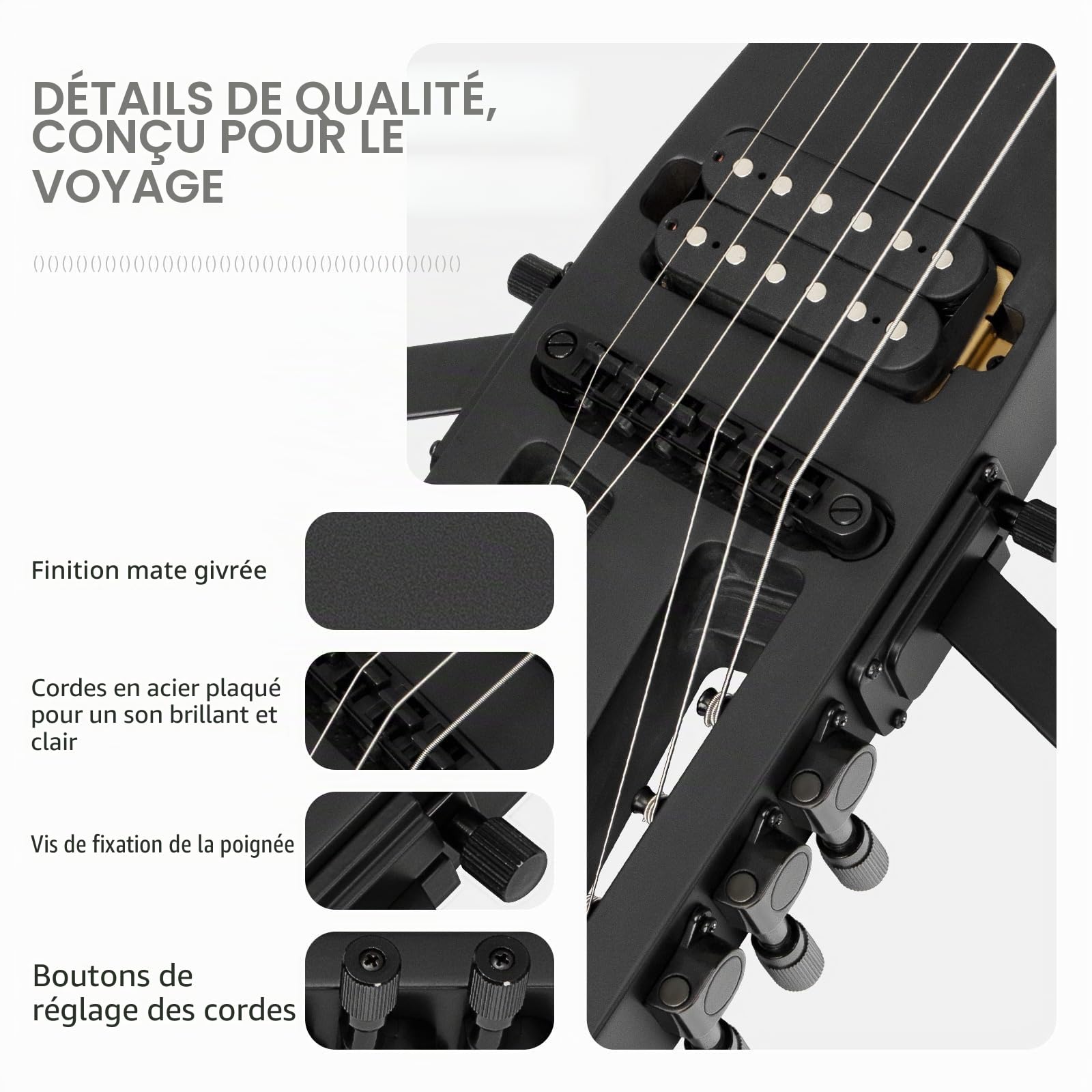 Guitare électrique de voyage, headless – portable, ultra-légère, diapason complet 25,5", palissandre, humbucker lumineux, housse de transport, supports amovibles, Noir