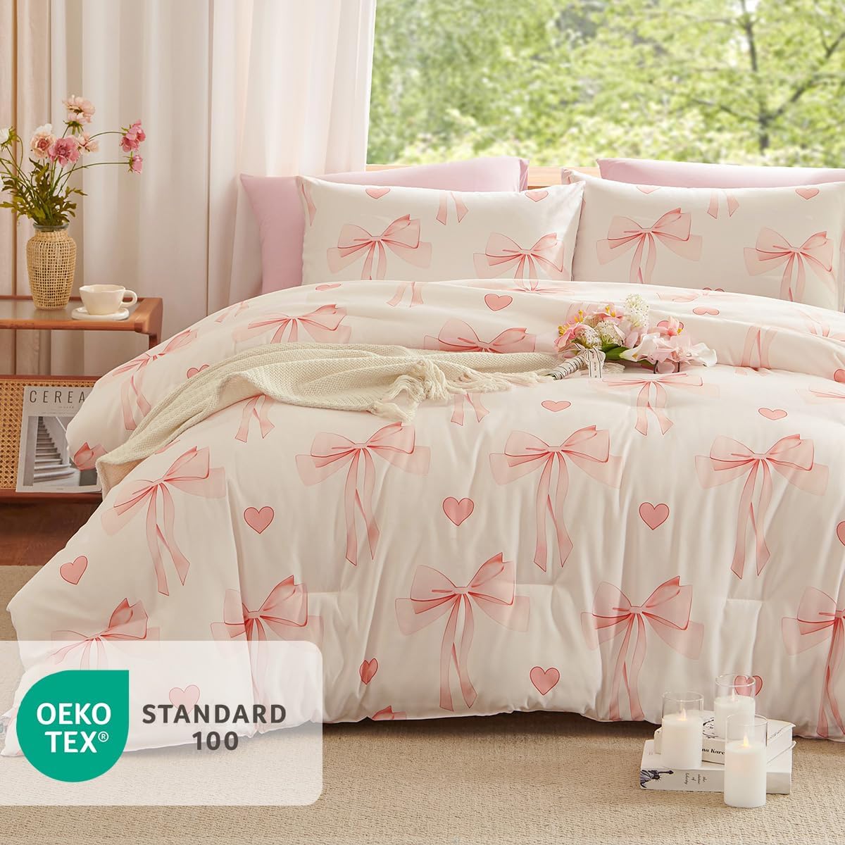 Bow Duvet Cover Twin Size Pink Bowknot Heart Bedding Set Kids Girls Cute Bows Soft Lightweight Microfiber Comforter Cover Set with Zipper Closure and 1 Pillowcase