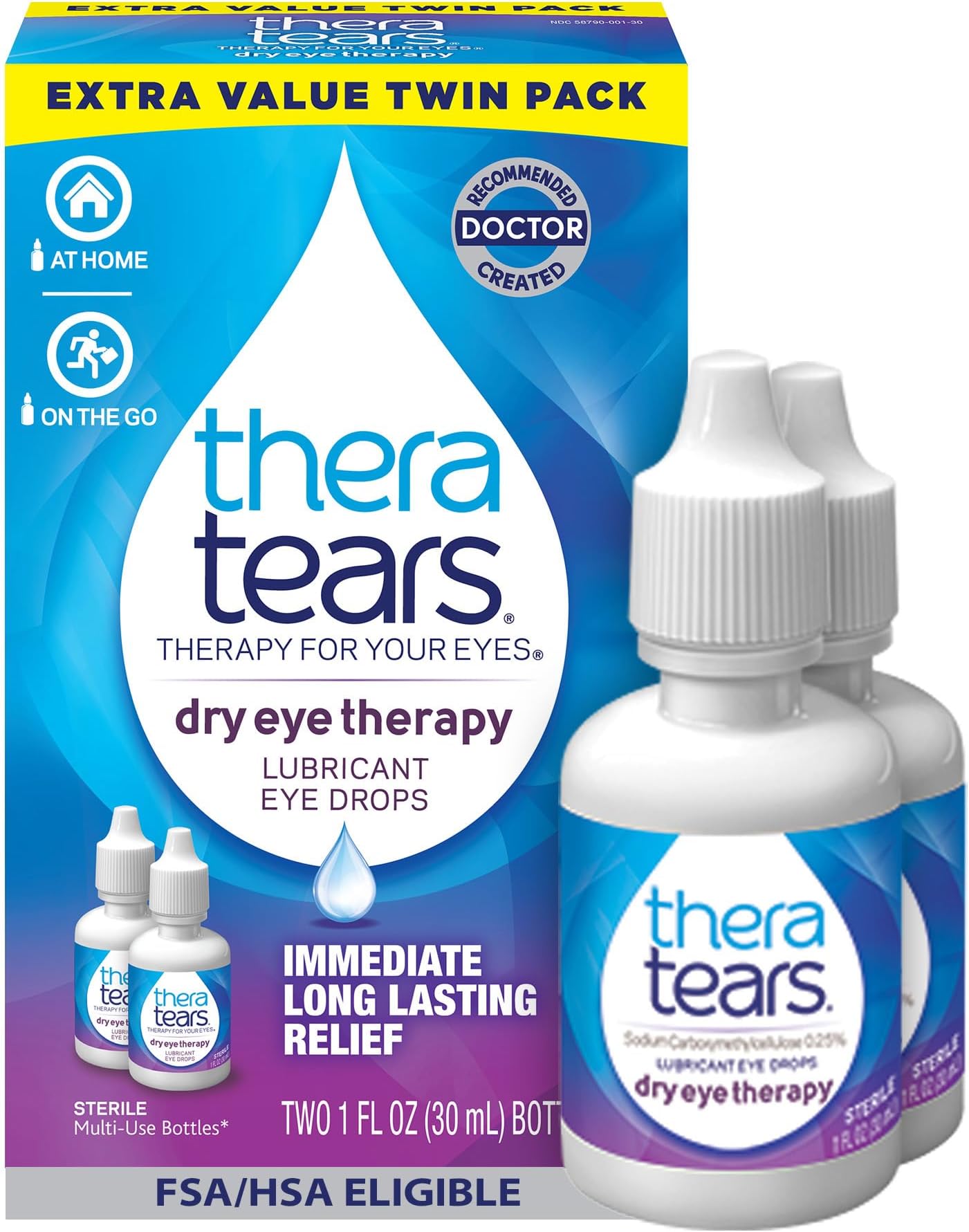 Thera Tears Dry Eye Therapy Lubricating Eye Drops for Dry Eyes, 1 fl oz bottle Twin Pack, (2 x 30mL Bottles)