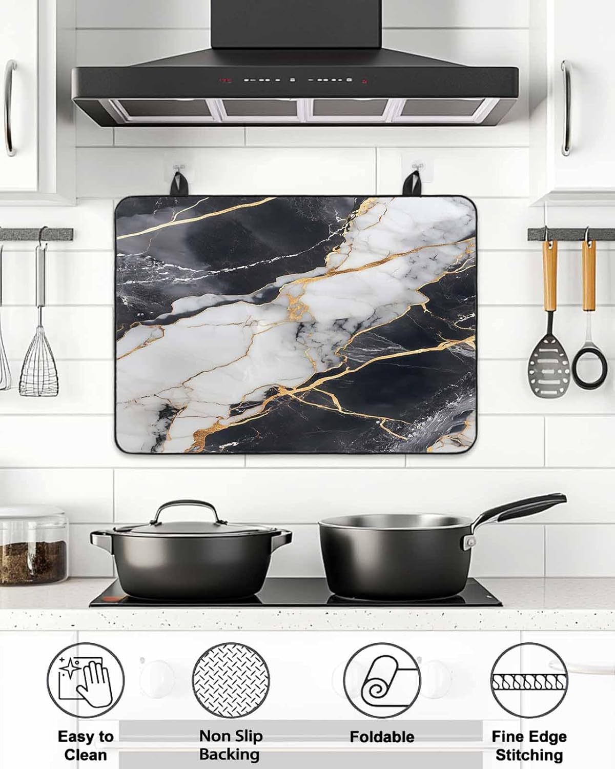 Stove Top Covers for Electric Stove 31x24 Inches, Marble Black HeatResistant Glass Cooktop Protector, Abstract Gold White Brick Stone Motif Ceramic Stovetop Countertop Covers Mat, Oven Cover