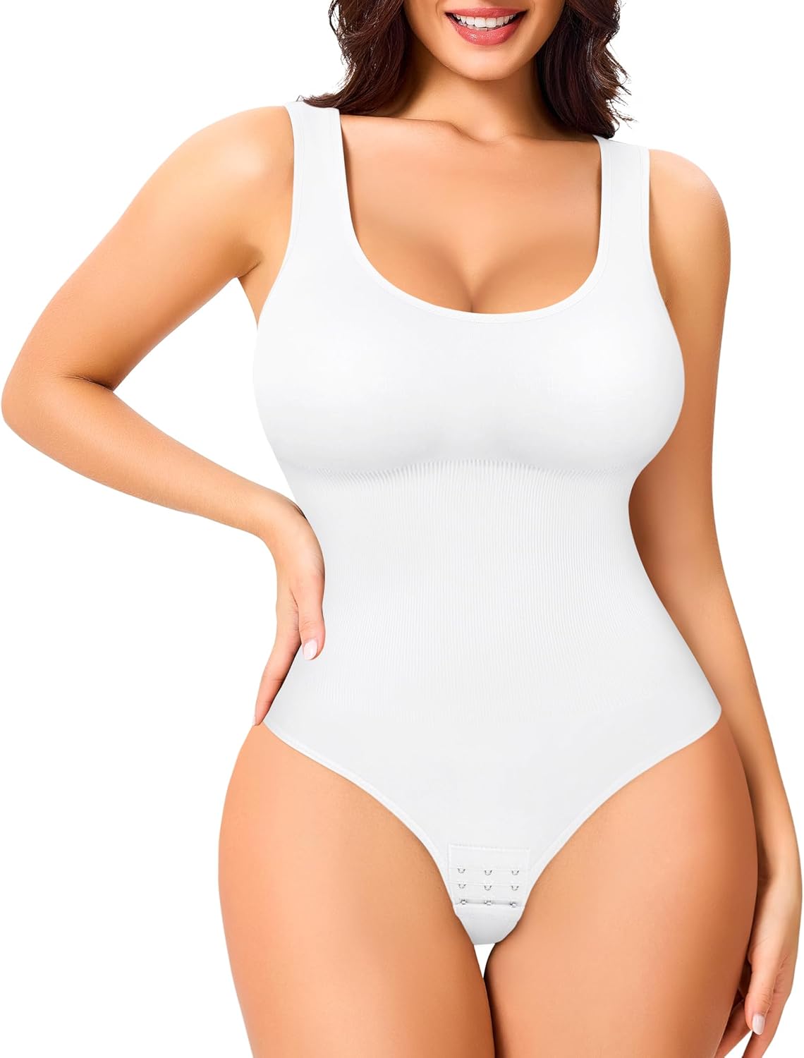 (Similar to) Eleady Shapewear Bodysuits for Women - Body Shaper Thong Tank Top Bodysuit Square Neck Medium-Large White