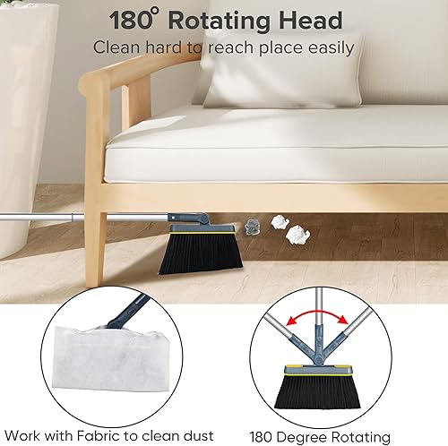 Miniatura 6 de DALIPER Juego de escoba y recogedor con mango de aluminio de 54 pulgadas de largo, escoba giratoria de 180 grados y bandeja vertical para polvo con