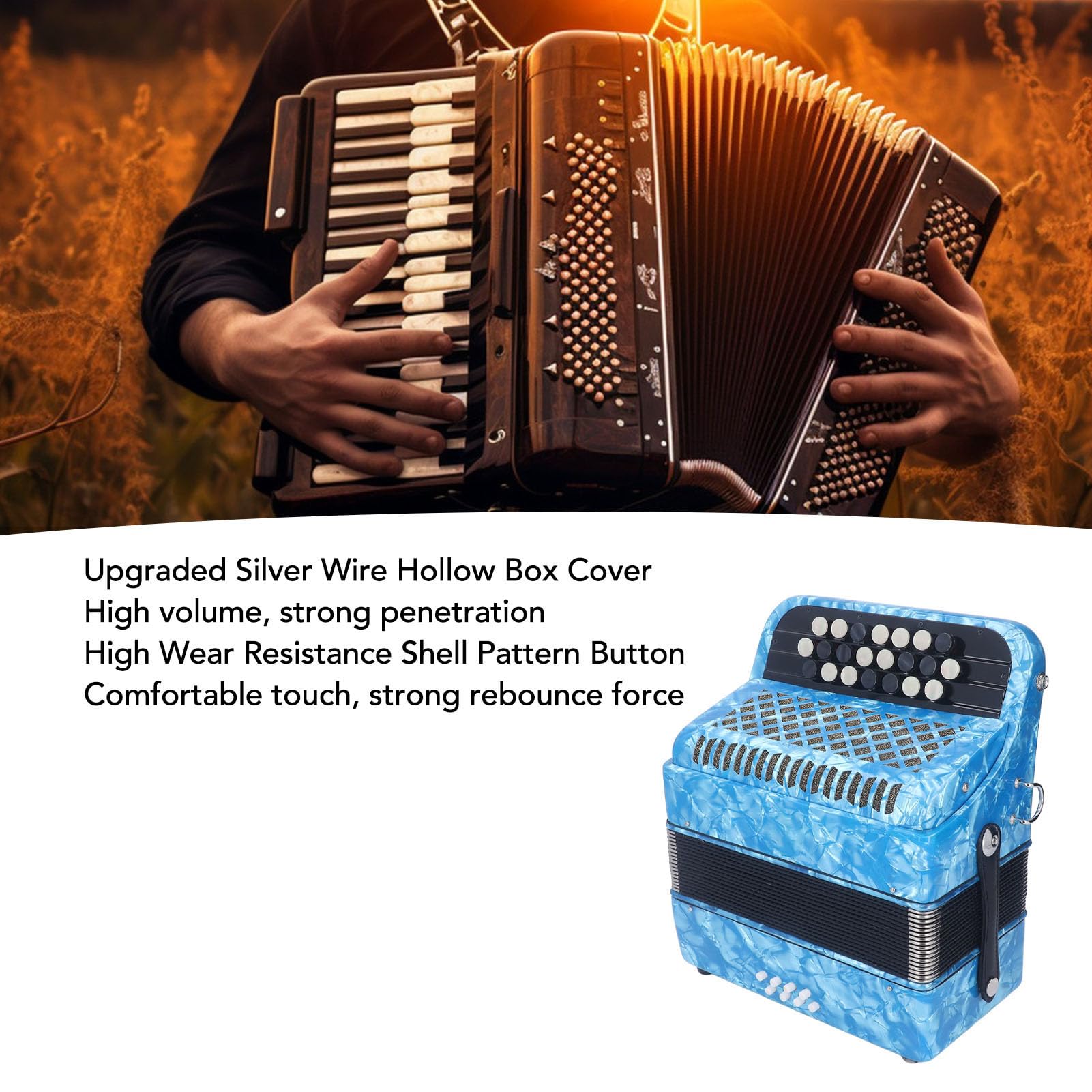 Strumento musicale a fisarmonica professionale con 22 tasti e 8 bassi per musicisti/studenti, offre intonazione stabile, struttura in ABS/legno (Cielo blu)