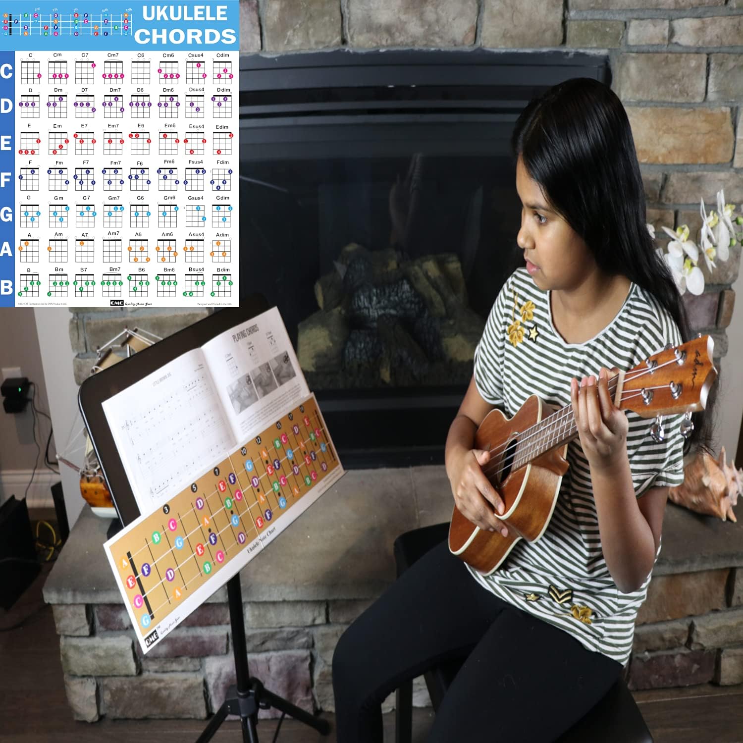 QMG Ukulele Chords Poster, An Educational Reference guide for Ukulele Players and Teachers, Printed on Waterproof, Non-Tearing, Polypropylene Paper, Size: 24โx 30โ Tube shipping