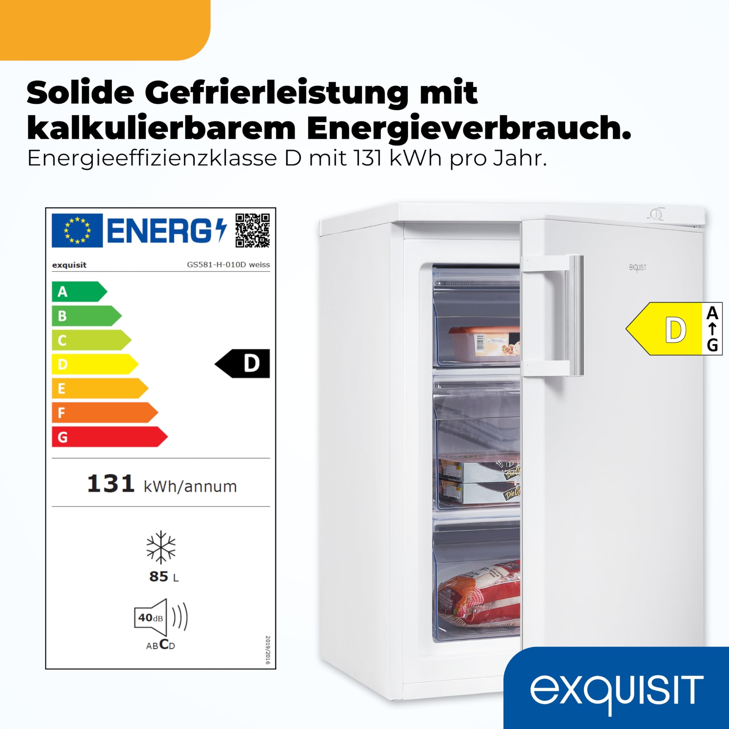 Exquisit Gefrierschrank 85 l - Mini-Tiefkühlschrank Weiss mit 3 Schubladen | 4-Sterne-Gefriergerät mit 131 kWh/Jahr, Energieklasse D, 40 dB Betriebsgeräusch und wechselbarem Türanschlag für Haushalt