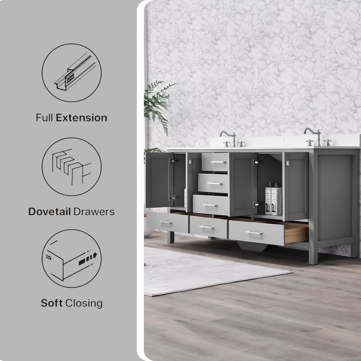 Dornberg 72 in. Bathroom Vanity, Free Standing Bathroom Vanity with Double Sinks, Wood Bath Cabinet with Carrara White Engineered Stone Countertop, 4 Doors & 6 Drawers, Full Assembled, Classic Gray