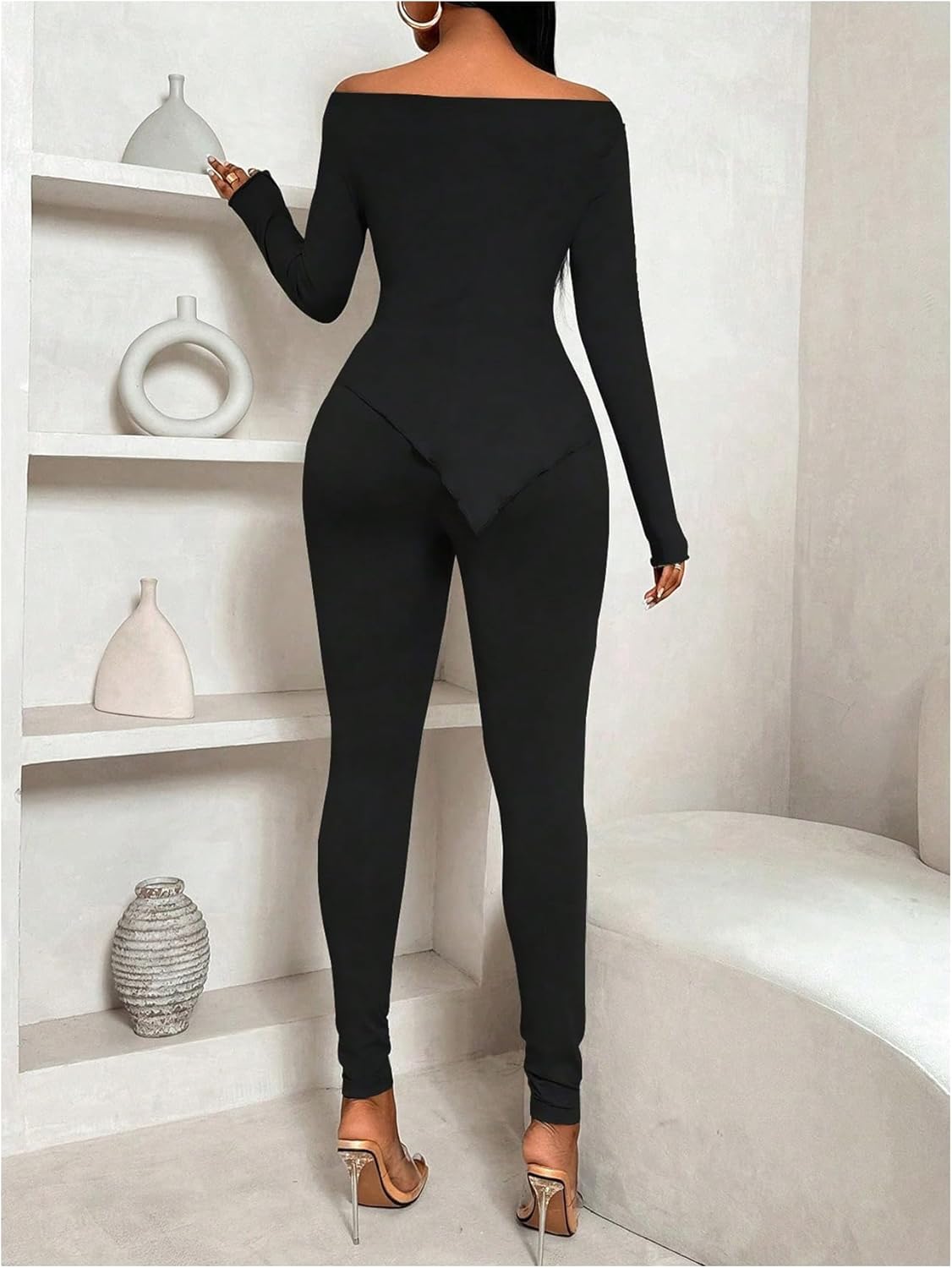 SHENHE Women's 2 Piece Outfits Off Shoulder Long Sleeve Asymmetrical Tops and High Waisted Leggings - Image 3