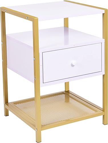 RAAMZO 6566 - Mesita de noche auxiliar de 3 niveles con estante inferior de malla y cajón (6566)