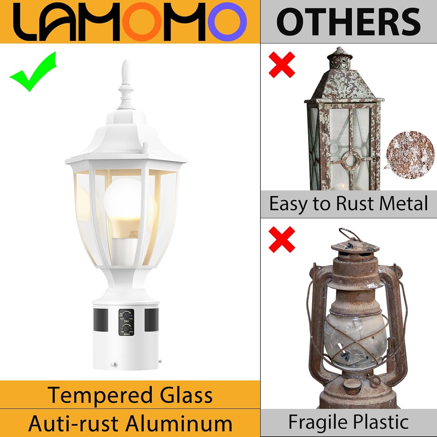 Comparison image showing the Lamomo light with tempered glass and anti-rust aluminum versus older, rusted metal and fragile plastic lights.