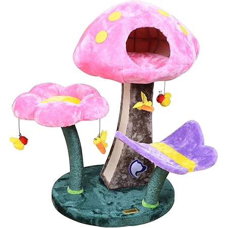 Catry Cat Tree – Nature Looking of Cat beds and Furniture All-in-1, Allure Cats Love to Lounge in and Lazily Recline While Playing with Cute Bees Toys and Scratching Post, Mushroom