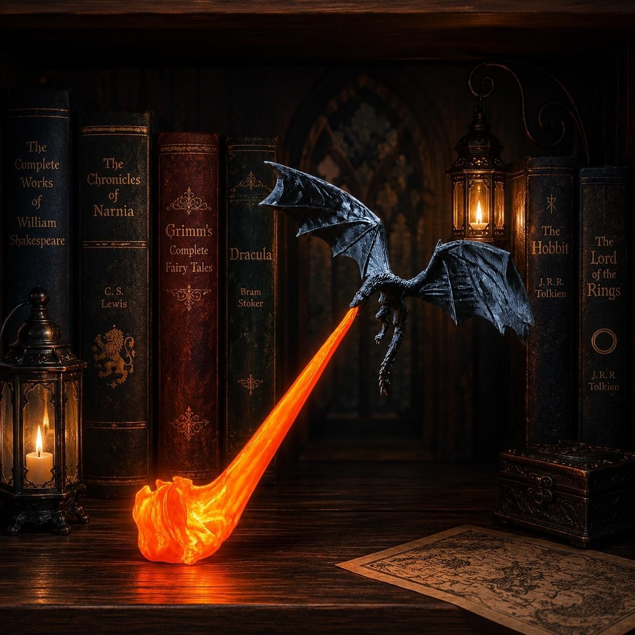 3D Printed Fire Breathing Dragon, Book Nook Light,Flying Dragon Design | Red or Blue Flame | Large & Small Options | Book Lover Gift | Halloween Shelf Display (F-small)