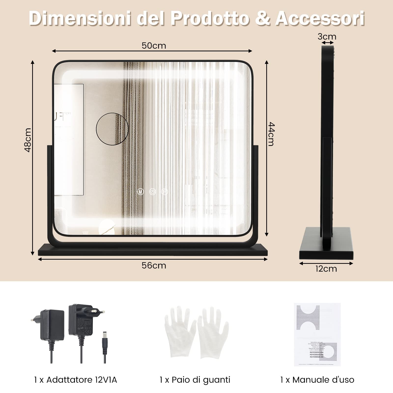 COSTWAY Specchio per Trucco, Specchio da Tavolo con luci LED a 3 Colori, Luminosità Regolabile e Controllo Intelligente a Sfioramento, Ruotabile a 360° con Ingrandimento 5X, 50x44 cm