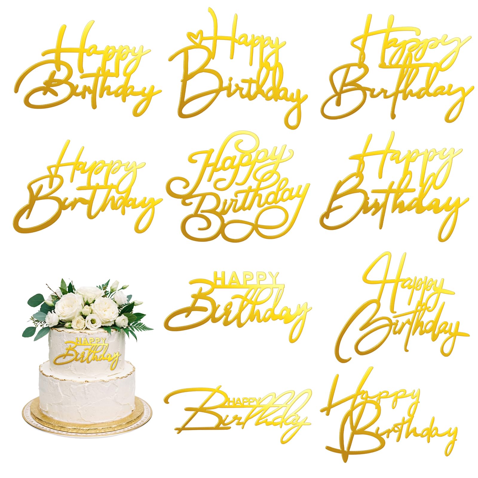 10pcs Gold Happy Birthday Cake Topper Acrylic Happy Birthday Cake Sign Party Decorations Cupcake Toppers for Anniversary Bridal Shower Party Desserts Pastries Supplies​