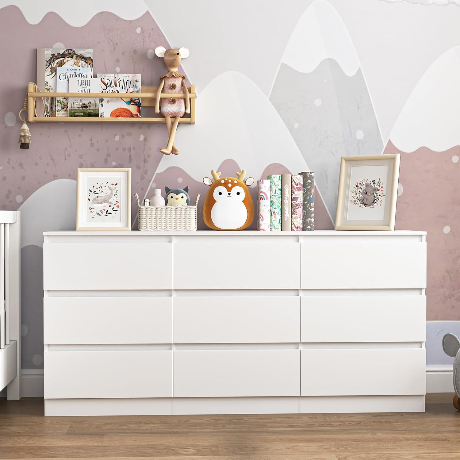 White 9 Drawer Dresser for Bedroom,Modern Deep Drawer Dresser with No-Handle Design,Wide Storage Chest of Drawers,Wood Bedroom Storage Organizer Furniture for Closet,Hallway