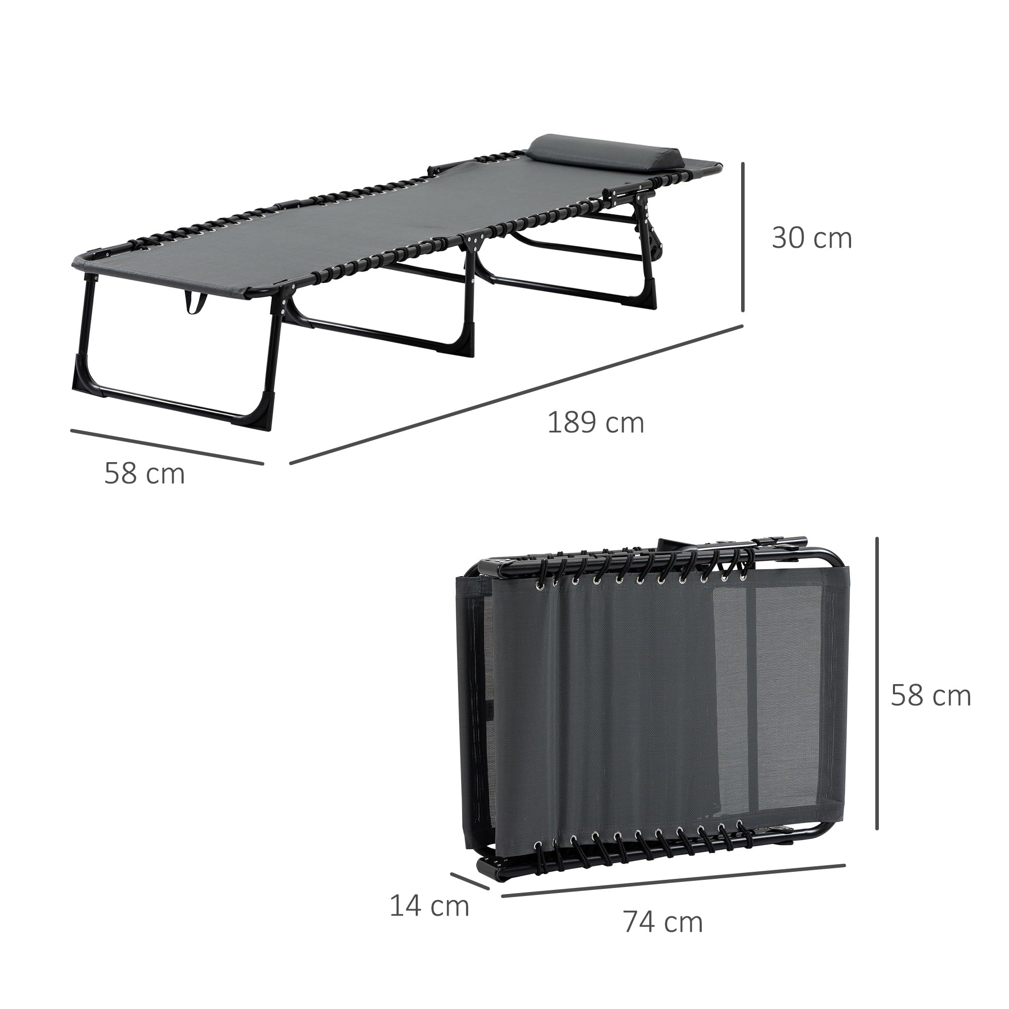 Outsunny Lettino Prendisole Pieghevole con Tasca, 58x189x30cm, Grigio | Schienale Regolabile, Sdraio da Balcone e Giardino con Cuscino, Seduta Traspirante in Texteline, Spiaggia Piscina