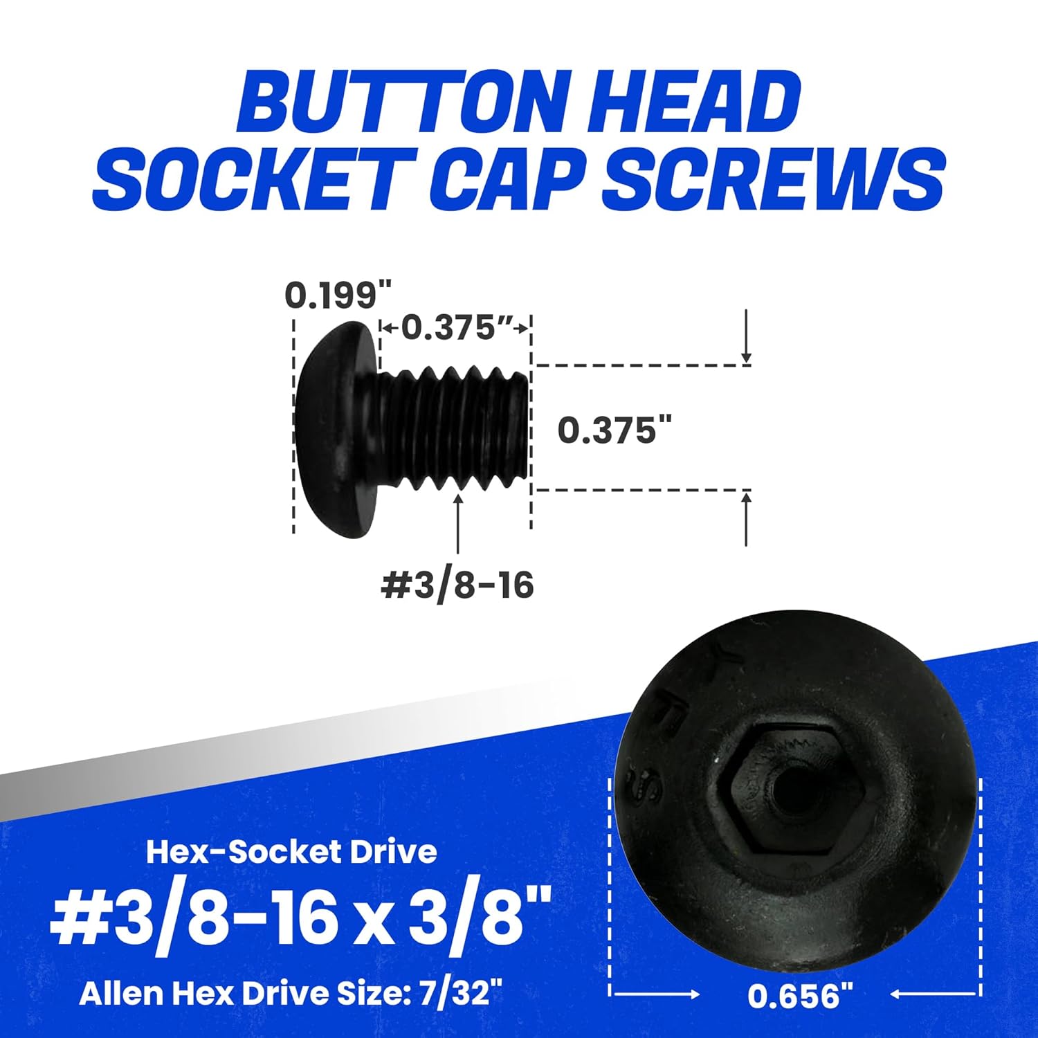 Fastenere Button Head Socket Cap Screws - 3/8-16 x 3/8" (25-Pcs) Alloy Steel, Fully Threaded, Fine Black Oxide Finish, Corrosion-Resistant, Machine Thread, Easy to Install w/Allen Hex Drive