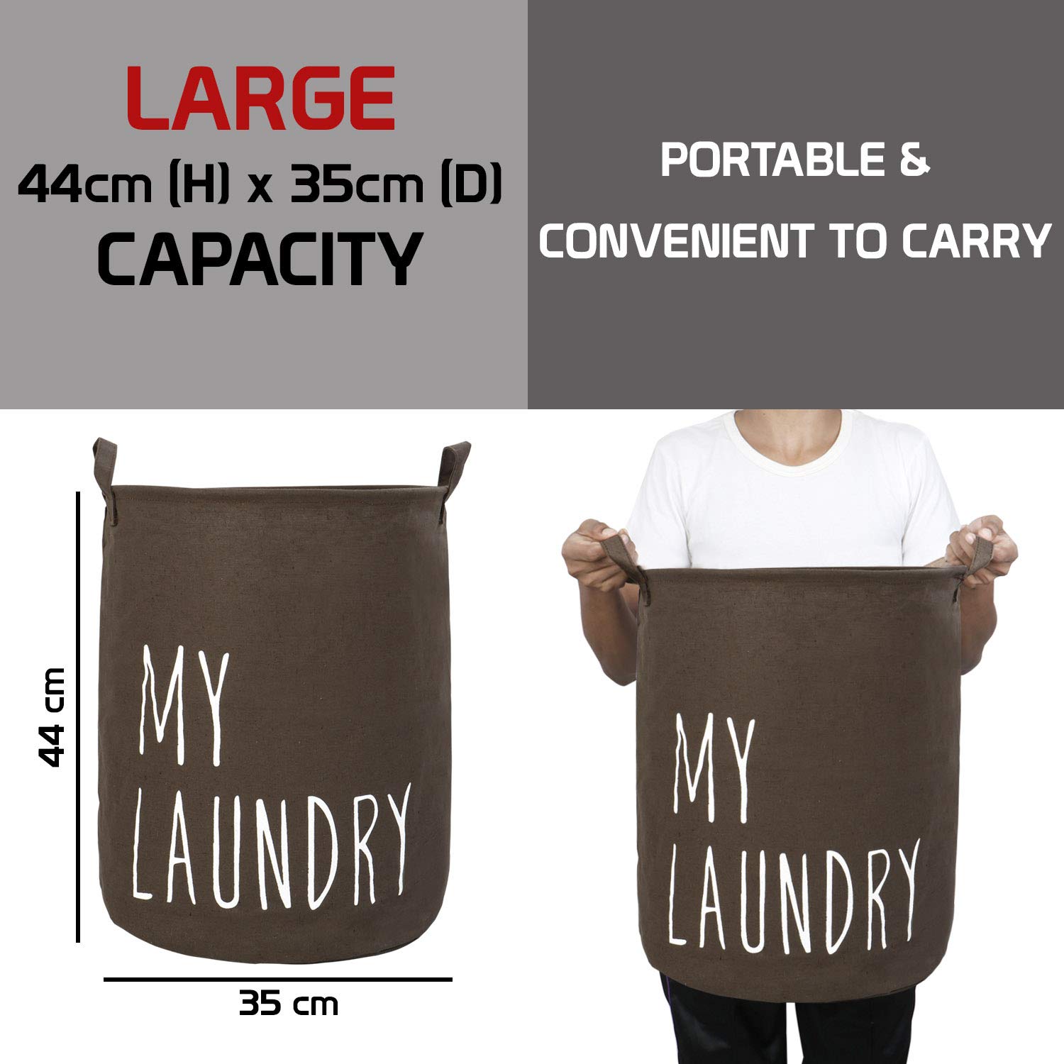 HOKIPO Cotton Round Folding Laundry Basket with Drawstring Closure - 42 L, Grey 3