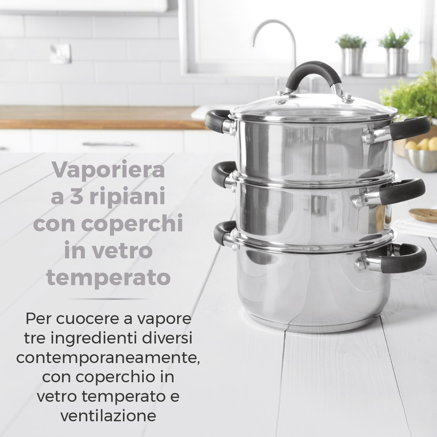 Tower T80836 Essentials Vaporiera Pentola Induzione per Cottura Vapore a 3 Ripiani con Coperchio in Vetro, in Acciaio Inox con Manici in Silicone, 18 cm, Argento