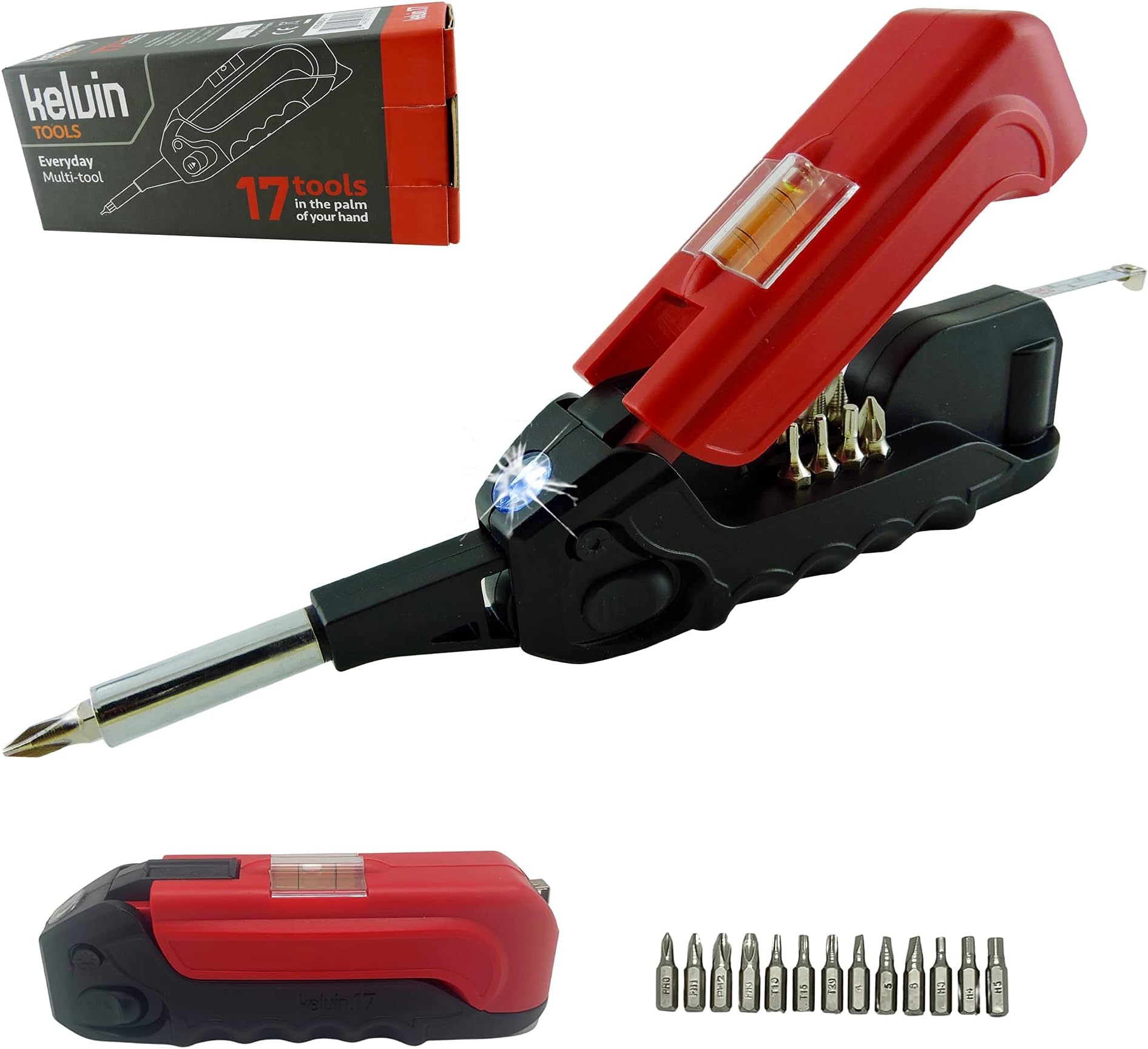 Kelvin Tools - Kelvin 17 Urban Screwdriver Set, All in One Everyday Multitool Screwdriver, Multi-Tip, Compact & Universal Precision, 13 Bit Set with Tape Measure, Liquid Level, Hammer and Flashlight