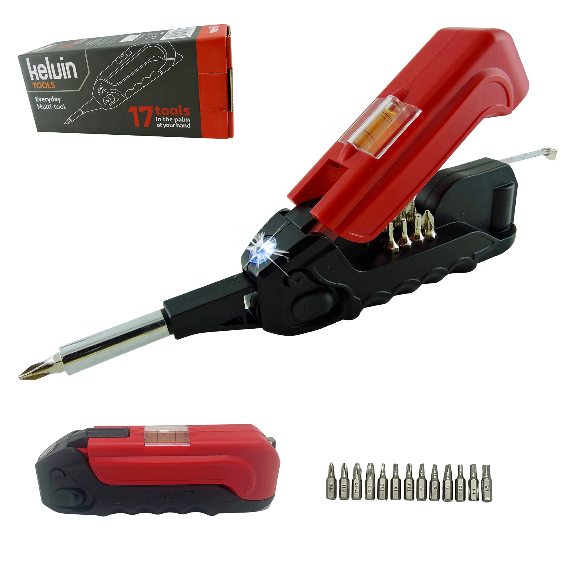 Kelvin 17 Urban Screwdriver Set, All in One Everyday Multitool Screwdriver, Multi-Tip, Compact & Universal Precision, 13 Bit Set with Tape Measure, Liquid Level, Hammer & Flashlight (Red)