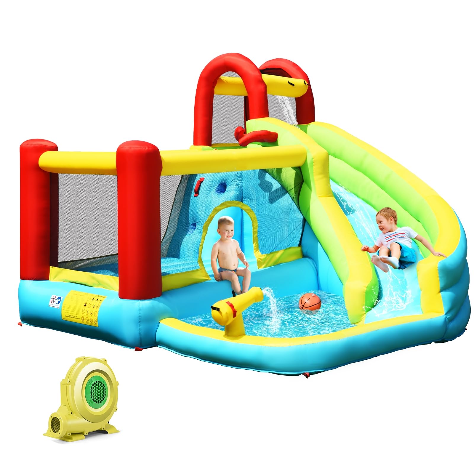 LIFEZEAL Castillo Hinchable Infantil 3+ Años, Parque Acuático con Tobogán, Cama Elástica, Piscina, Muro de Escalada, Cesta, 325x310x225cm, MAX 135 kg (con soplador)