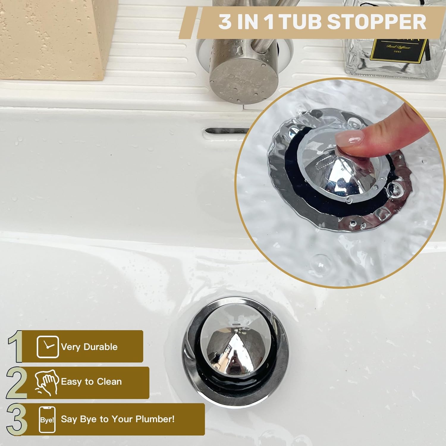 Tub Stopper, Bathtub Drain Stopper, Bathroom Sink Stopper, Pop-up Drain Stopper, Bathroom Drain Plug, Bathtub Drain Stopper, Bathtub Plug for 1-1/2 to 1-3/4" Bath Drain Hole, Easy to Install & Clean - Image 3