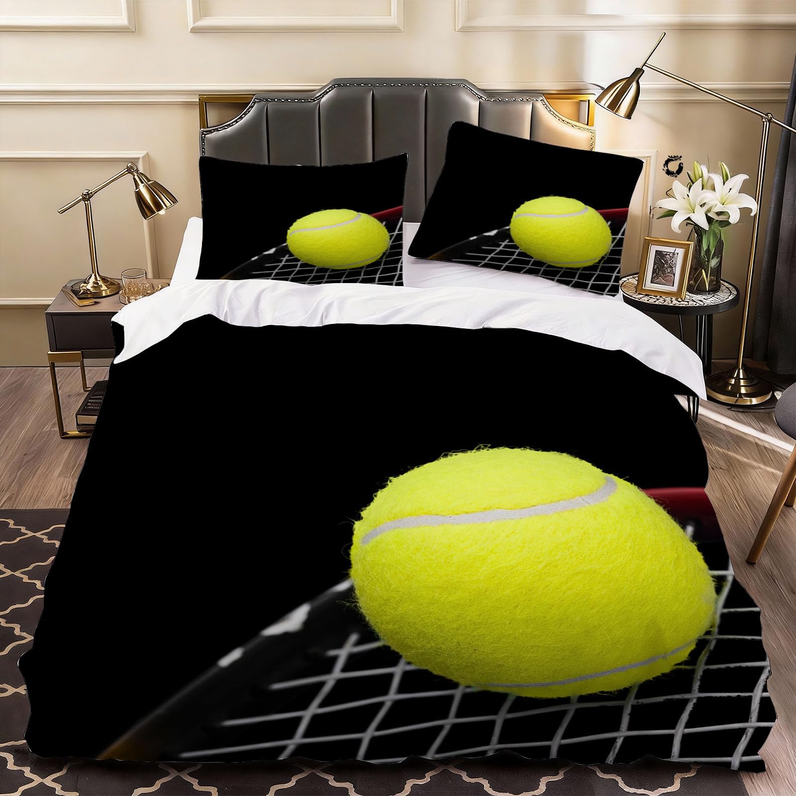 3D Tennis Duvet Cover Sport Bedding Super King Bed Set, Soft Microfiber Comforter Cover Printed with Zipper Closure Quilt Coverr 260x220 cm and 2 Pillowcases