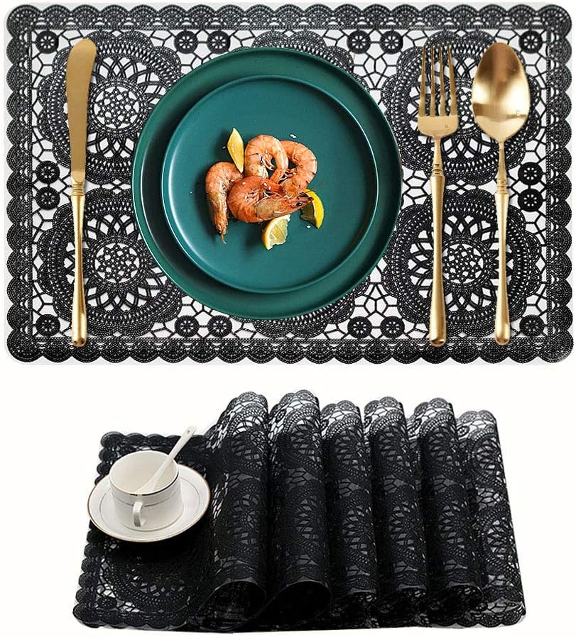 Kreatur Plastic Waterproof Placemats for Dining Table Wipe Clean Washable Tablemats Vinyl PVC Table Mats for Kitchen Black