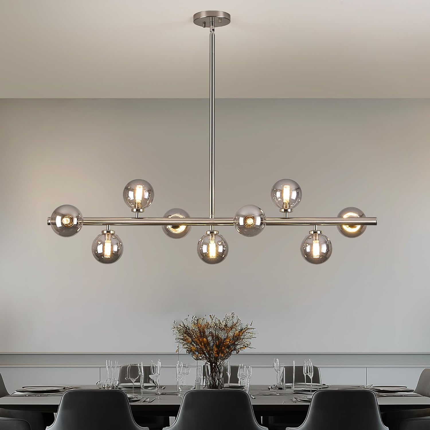 Mid Century Modern Globe Sputnik Chandelier, 9-Light Linear Chandeliers for Dining Room and Kitchen Island, Dining Light Fixture Over Table, Nickel and Smoke Grey Glass Bubble, 40 Inch