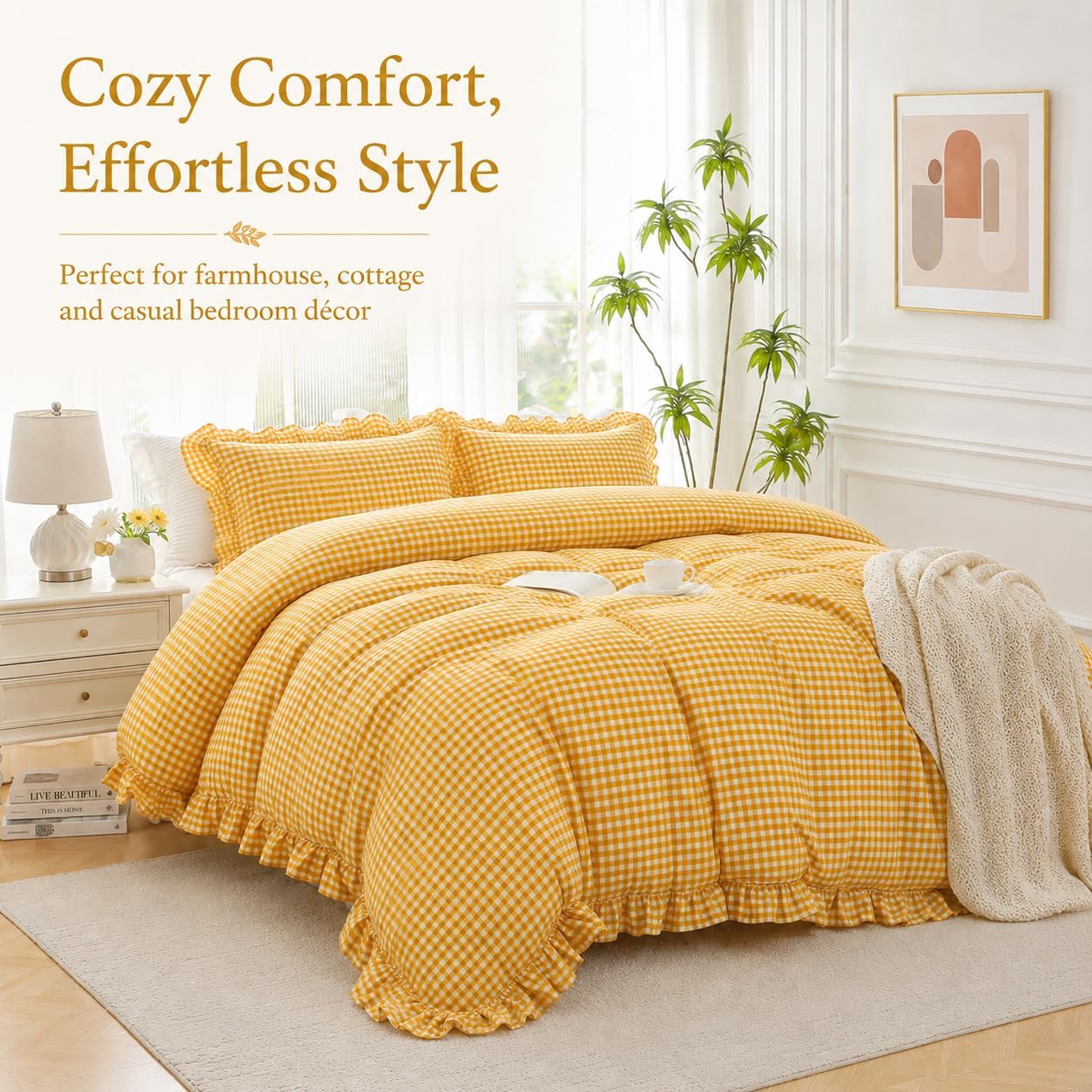 Mywinlle Mustard Yellow Gingham Plaid Ruffle Duvet Cover Set Queen Size | Soft Washed Cotton, Farmhouse Checkered Bedding, 3 Pieces (1 Duvet Cover + 2 Pillow Shams), Vintage French Country Style