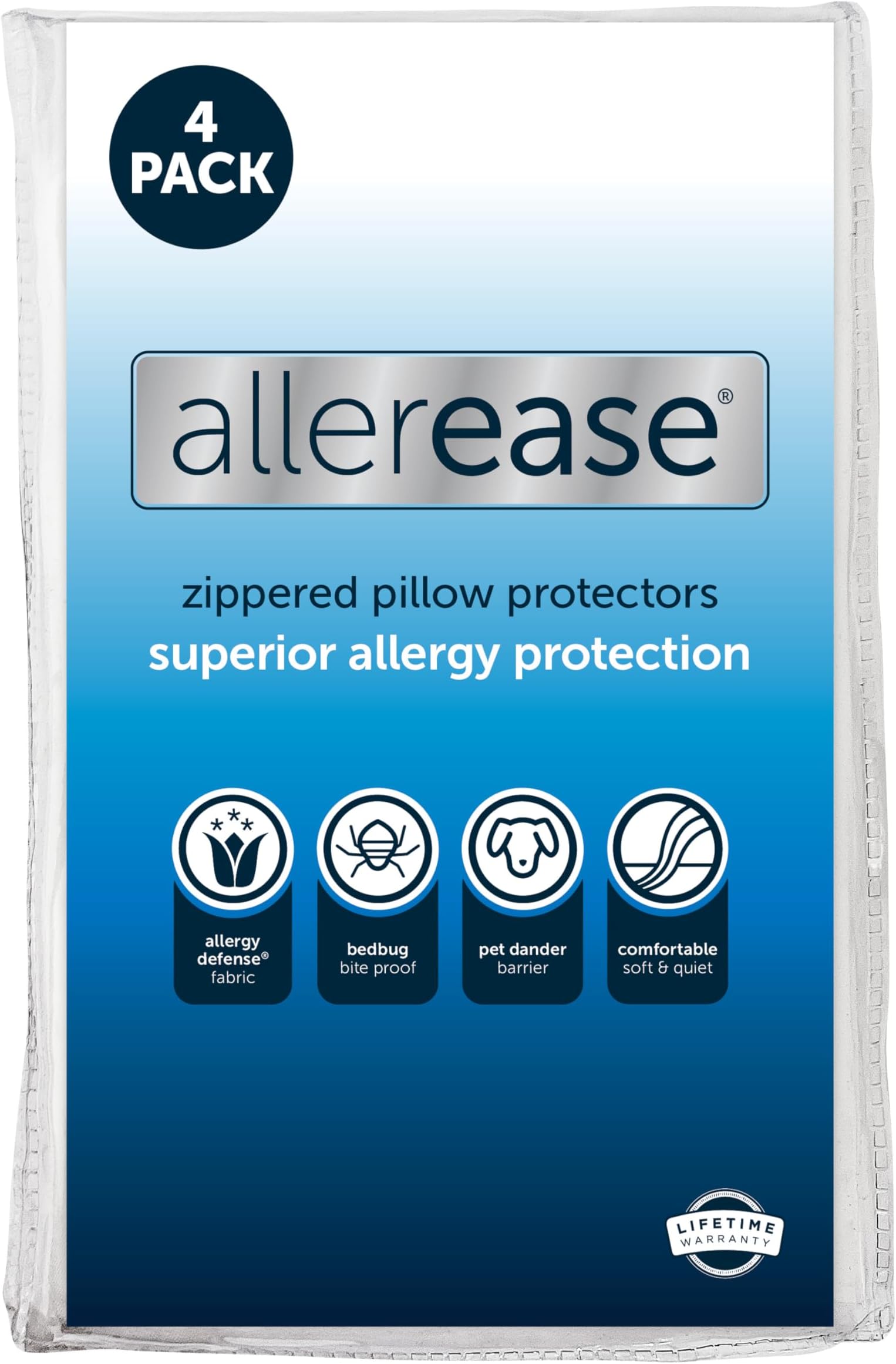 Set of 4 Standard/Queen AllerEase Pillow Protectors - Moisture Wicking, Advanced Allergy Protection - Premium Polyester, Zippered Protectors