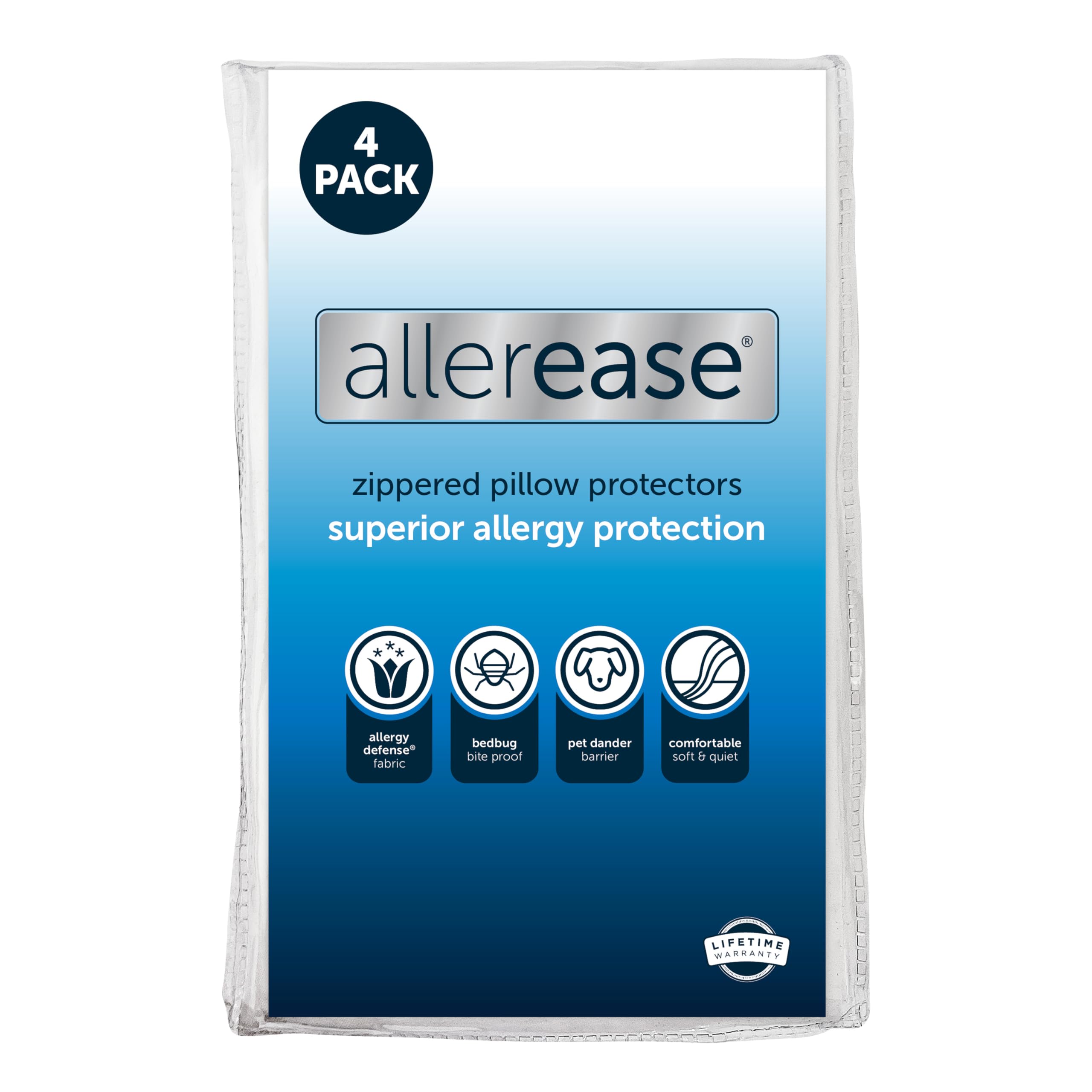 Aller-Ease Maximum Allergy Pillow Protector Standard/Queen, 4-Pack ââ‚¬â€œ Hypoallergenic Pillowcase, Zippered Design Prevents Collection of Bedbugs and Allergens, Machine, 4 Pack, White