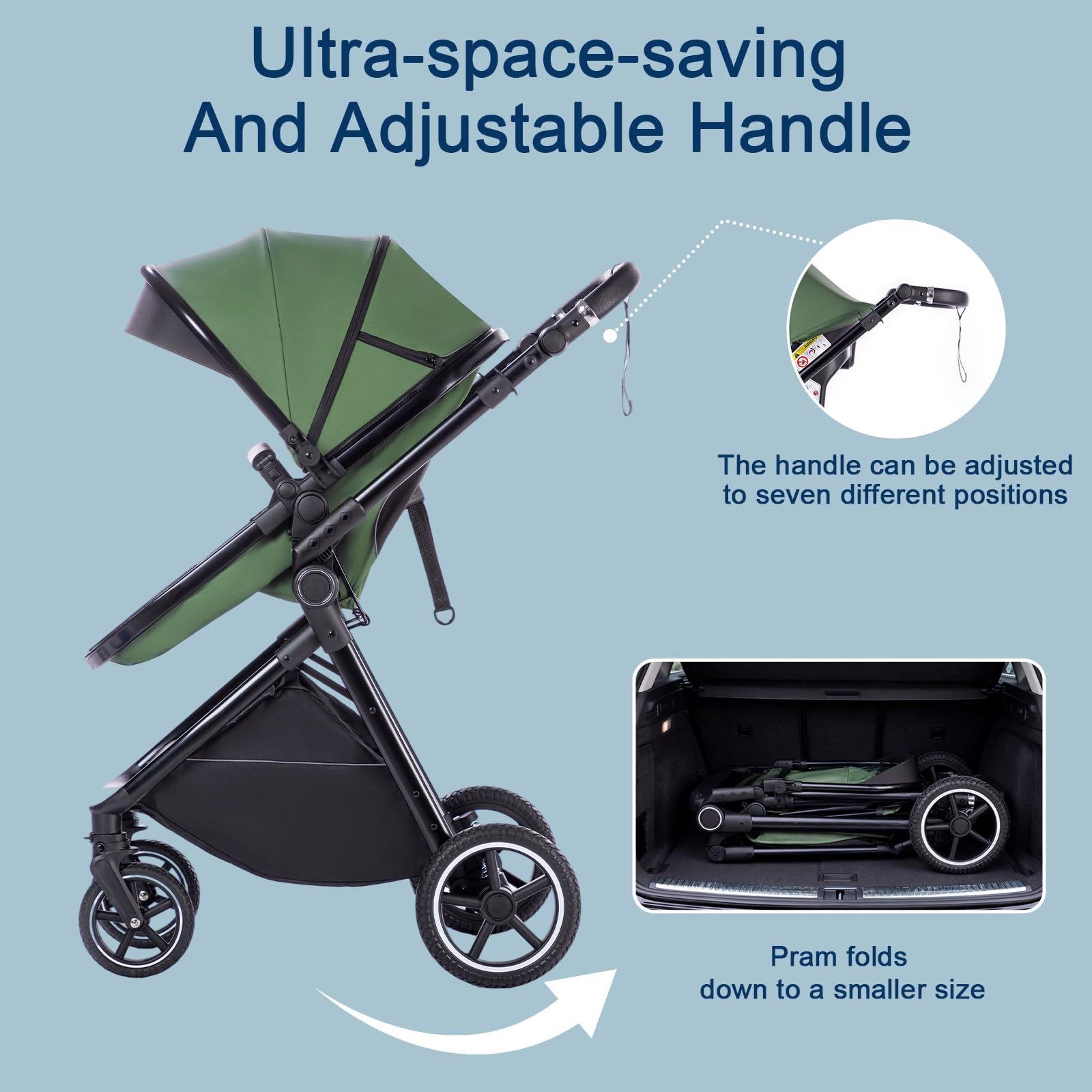 Poussette 3 en 1 avec Nacelle, Poussette de Voyage's Nacelle est Pliable, Trio Poignée est Réglable, les Roues sont en Matériau PU, pour Enfant de la Naissance à 3 Ans-Kaki-Beige