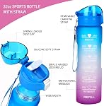 32 oz Bouteille d'eau étanche avec marqueur de temps & Couvercle de paille pour vous assurer de boire assez d'eau tout au long de la journée pour le fitness et les enthousiasmes extérieurs, BPA Gratuit, avec pinceau en paille (violet vert)