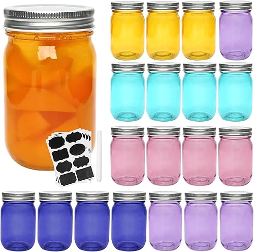 Accguan Tarros de vidrio coloridos con tapas de 12 onzas, tarros de conservas para encurtidos y almacenamiento de cocina, tarros de especias de boca