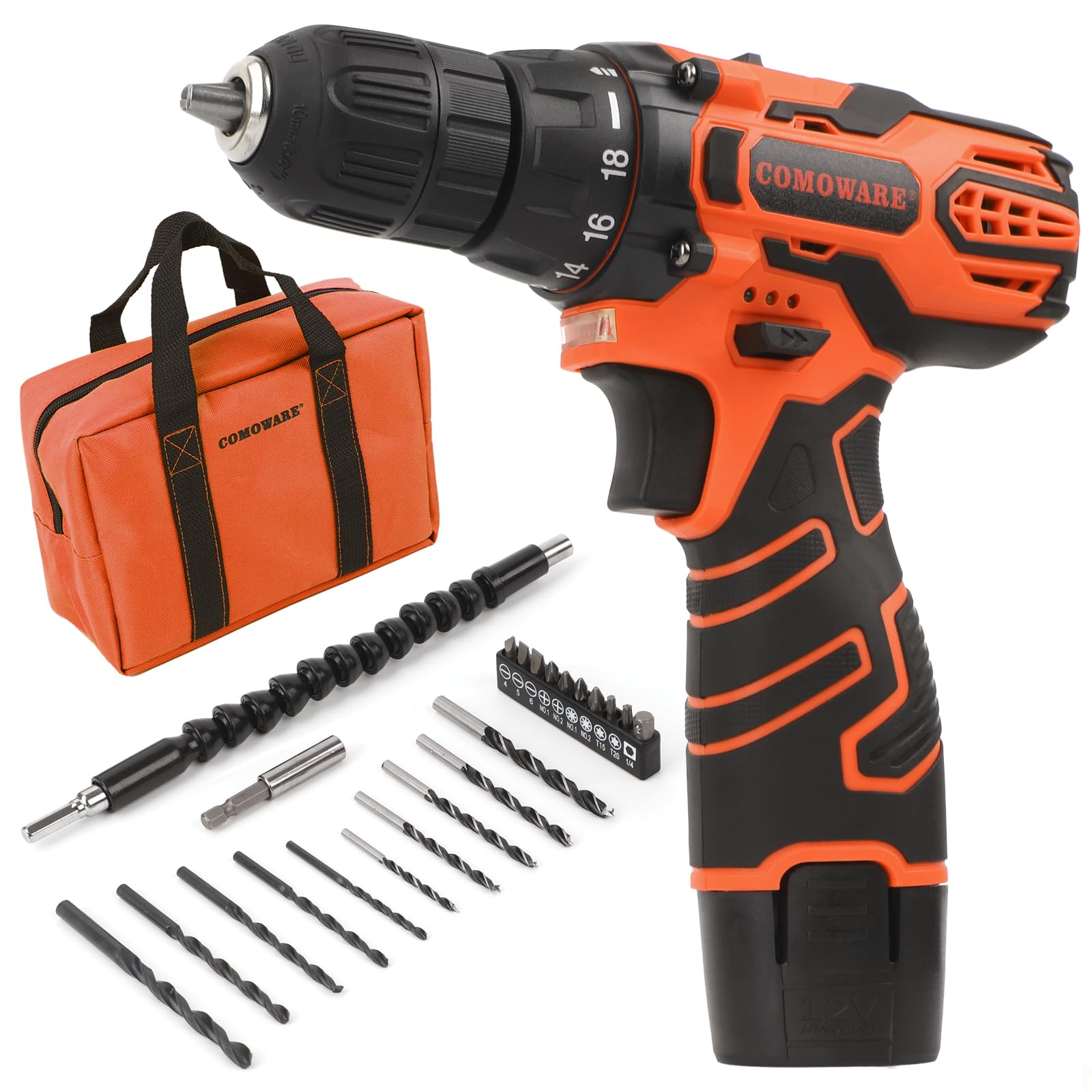 COMOWARE Cordless Drill Set, 12V Power Drill with Battery & Charger, 3/8" Keyless Chuck, 23Pcs Driver Bits Orange Storage Bag included
