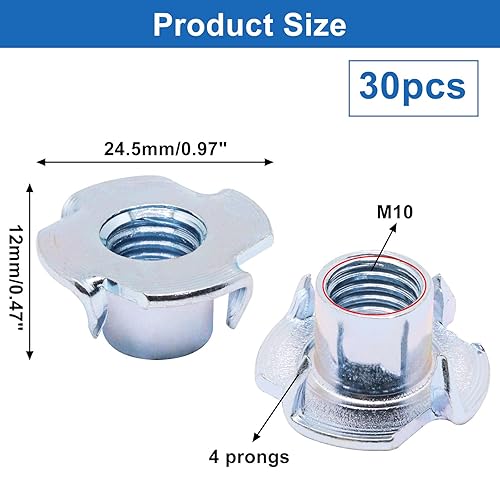 Miniatura 2 de S SYDIEN Tuercas en T M10 30Pcs Tuercas en T con Rosca, Acero con Recubrimiento de Zinc de 4 Puntas para Madera, Soportes para Escalada en Roca,