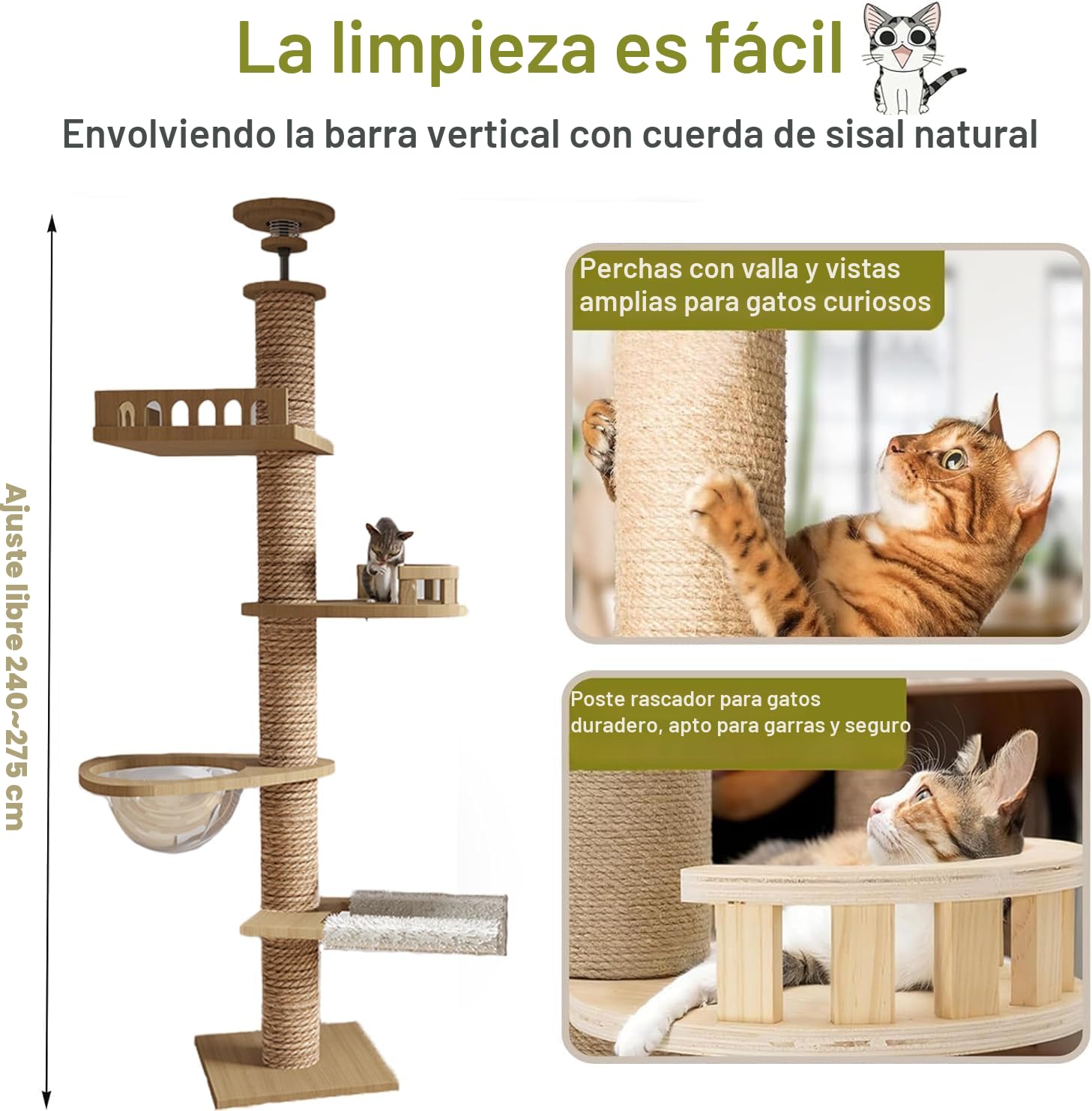 MD Rascador de Techo, cápsula Espacial, Hamaca para Gatos, Completamente Envuelta con Cuerda de sisal, Ancho de 11 cm, árbol rascador de Altura (240~250 cm, 265-275 cm T04), árbol Alto para Gatos