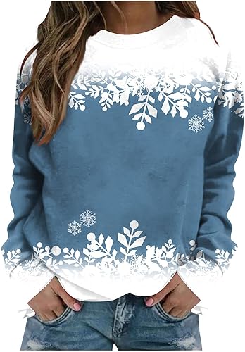 Blusa de manga larga con cuello redondo y estampado navideño para mujer, estilo casual, holgada, estilo retro
