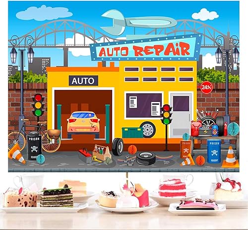 Miniatura 4 de Fondo de dibujos animados para taller de reparación de automóviles, mantenimiento de garaje, tienda de conveniencia, fondo de fotografía para niños,