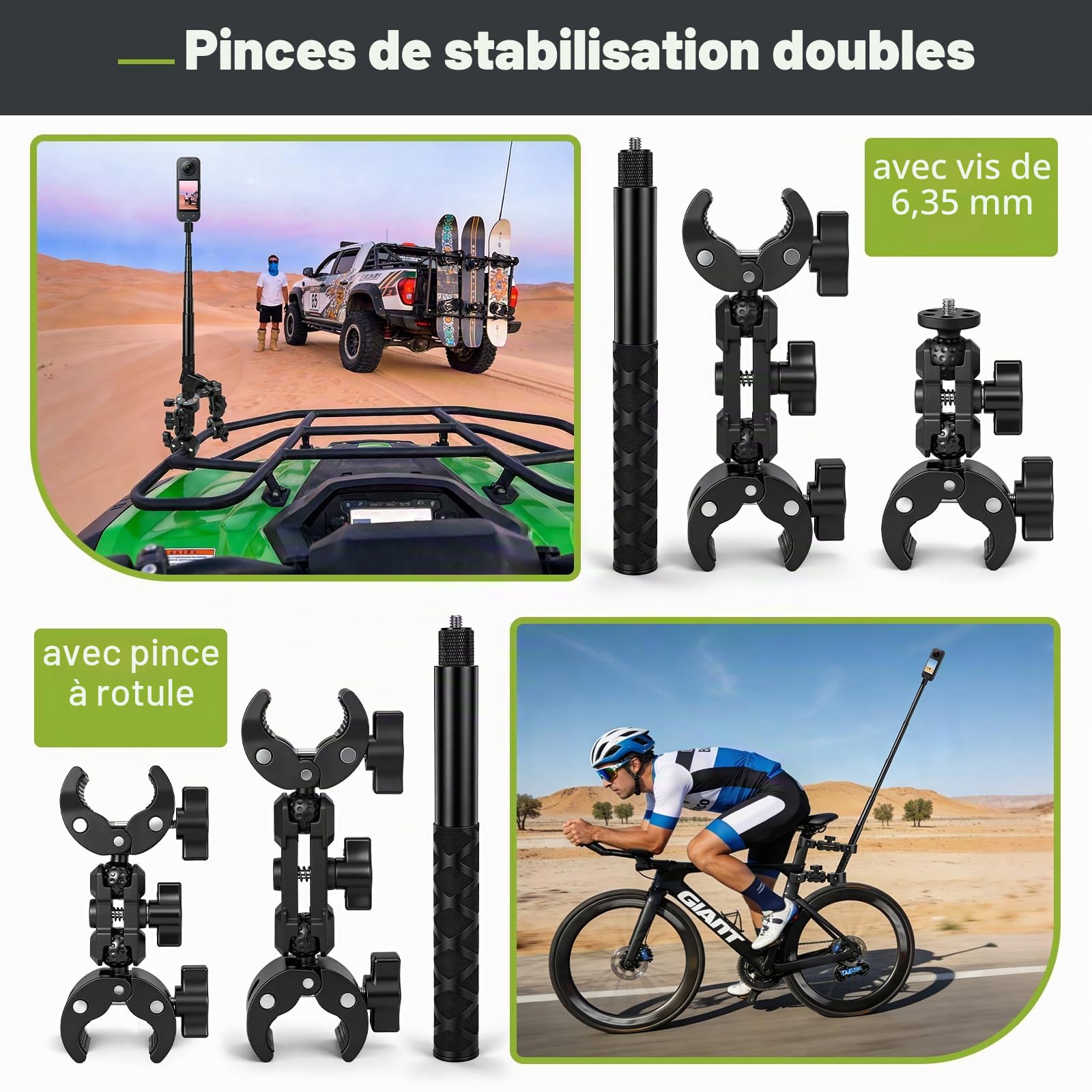 Support Moto pour Insta360 X5 X4 X3 ONE X2 GoPro Hero13 DJI Osmo Pocket 4/3 | Kit de Montage sur Guidon de Vélo avec Perche Selfie Invisible 120cm et Double Pince Accessoire pour Insta 360 GoPro Hero 12