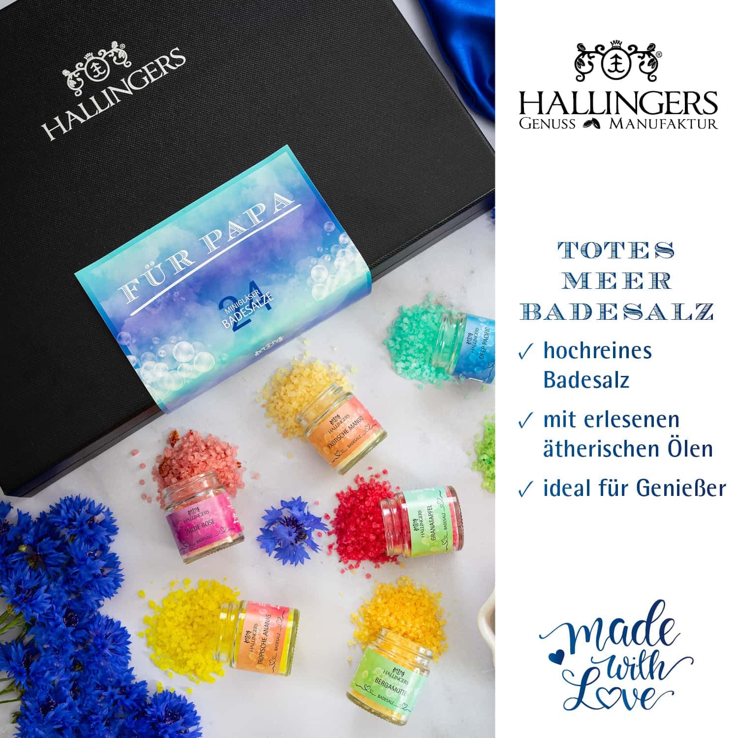 Hallingers Genuss Manufaktur Badesalze Vatertagsgeschenk-Set - 24x Badezusatz mit Totes Meer Badesalz Geschenkbox, Badekristalle Fußbad & Spa ""Für Papa"", Geschenkidee für Papa Opa