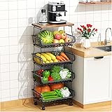 Fruit Vegetable Basket for Kitchen, 5 Tier Stackable Fruit Vegetable Storage Baskets with Wheels, Metal Wire Storage Basket Organizer Baskets for Kitchen, Pantry, Bathroom 5 Tier Black With Wooden Top