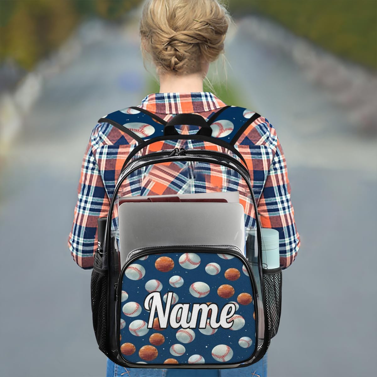 Baseball Sport Personalized Clear Backpack Custom Name Clear Bookbag PVC Heavy Duty Transparent Backpacks Travel Bag
