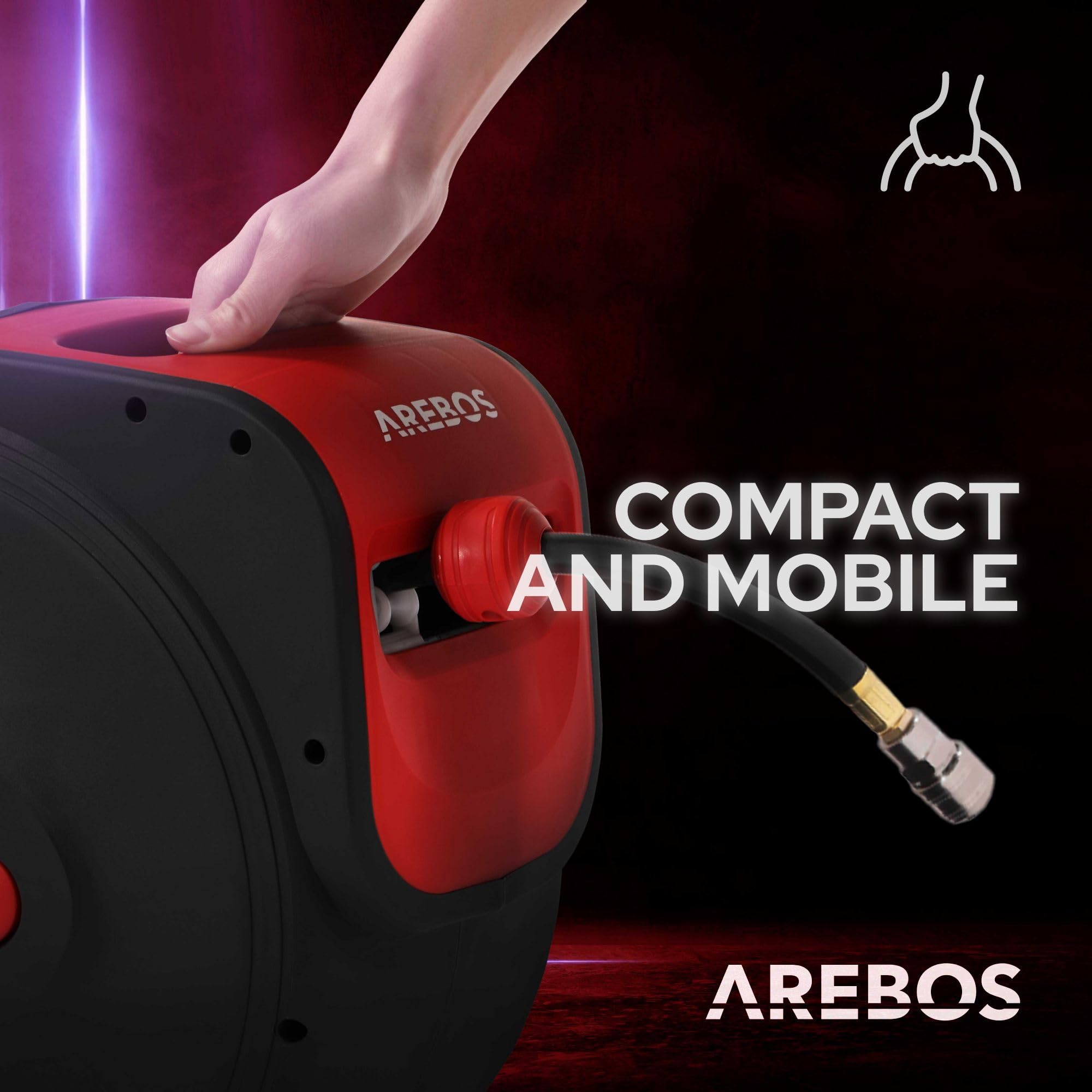 Arebos Enrollador de manguera de aire comprimido, manguera automática, soporte de pared, acoplamiento rápido de 1/4 pulgadas, resistente a los rayos UV, giratorio 180°, incluye soporte de montaje, 30