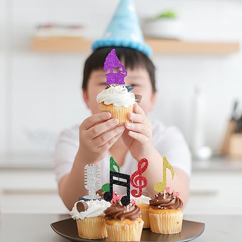 Vista 6 de Rsstarxi Paquete de 24 adornos para magdalenas, micrófono con purpurina, símbolos musicales, selecciones de cupcakes, música rock, concierto, tema