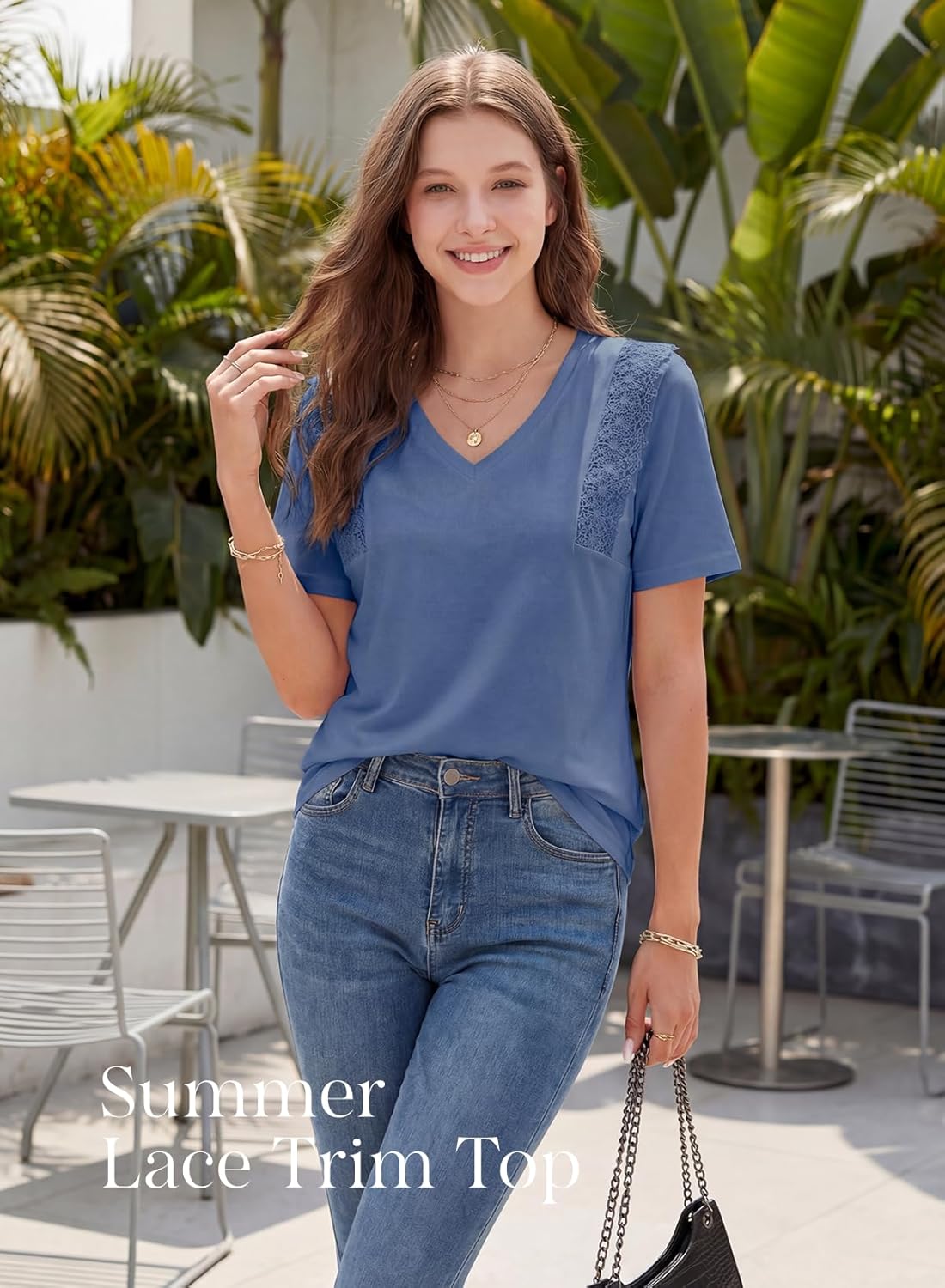 Dokotoo Women's Casual Summer T Shirts Short Sleeve V Neck Tops Lace Cotton Tshirts - Image 2